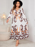 Plus Size Dress Printed Surplice Flounce Long Sleeve V Neck White 45fe0fe7-5ba9-4bdd-b307-1d842076d32d-Max Trendsi