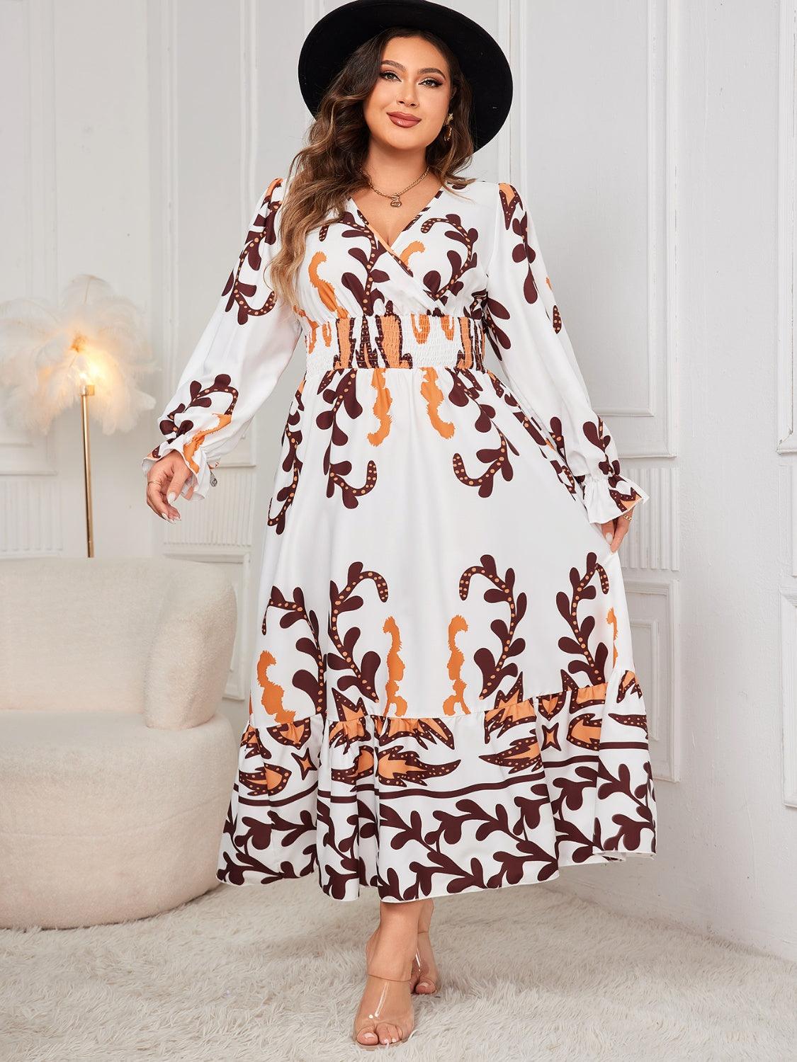 Plus Size Dress Printed Surplice Flounce Long Sleeve V Neck White 45fe0fe7-5ba9-4bdd-b307-1d842076d32d-Max Trendsi
