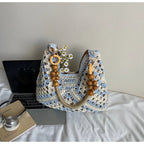 Women's Beach Crochet Shoulder Bag Medium Wave Knit Woven Blue Handbag