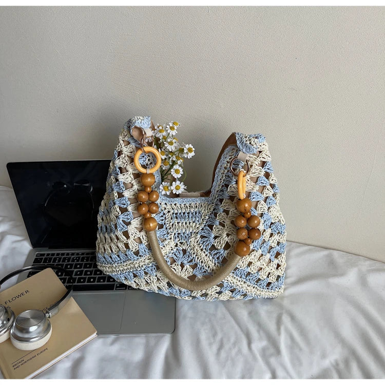 Women's Beach Crochet Shoulder Bag Medium Wave Knit Woven Blue Handbag