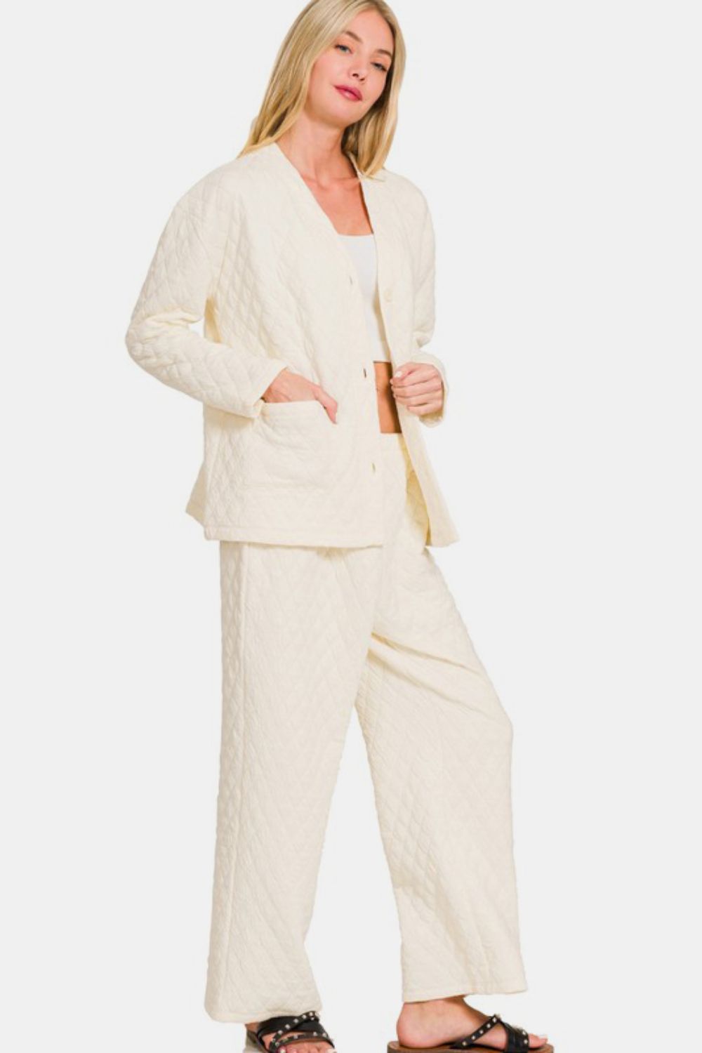 Zenana Quilted Lounge Set Cream V Neck Button Up Long Sleeve Top and Pants