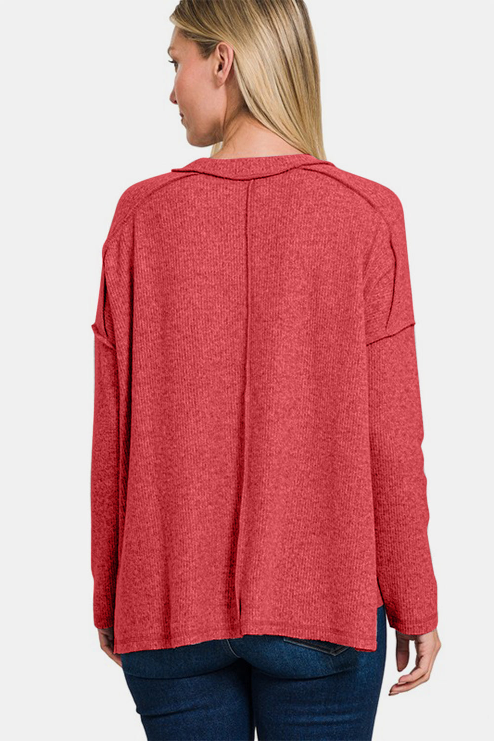 Zenana Red Women Sweater Exposed Seam Brushed Round Neck High-Low