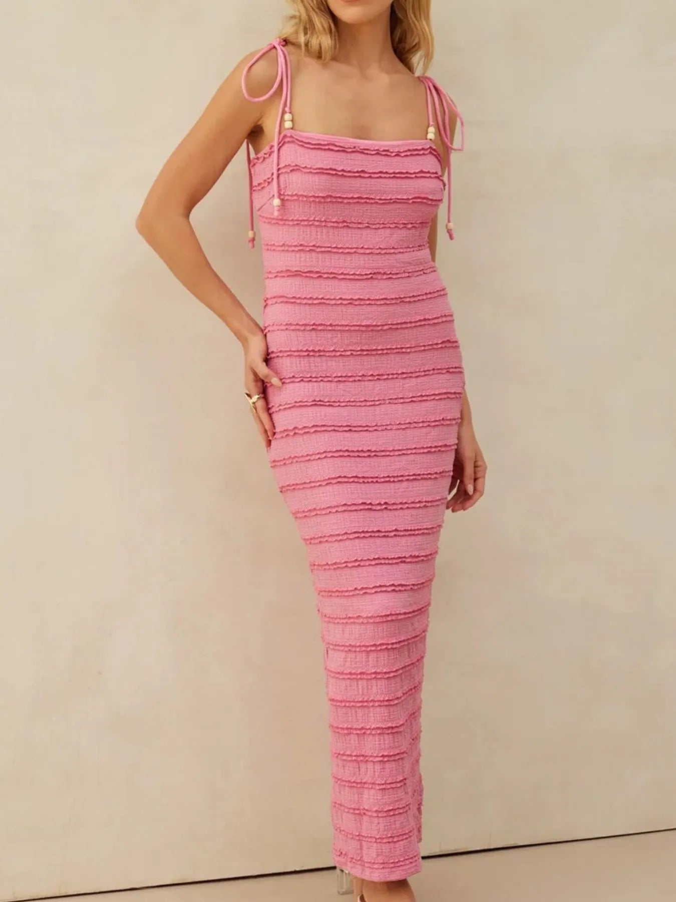 Maxi Dress Pink Frill Tie-Shoulder Beaded Straps Slimming Bodycon 460fd533-a52d-460c-9907-987ed8f50db2-Max-Origin Trendsi