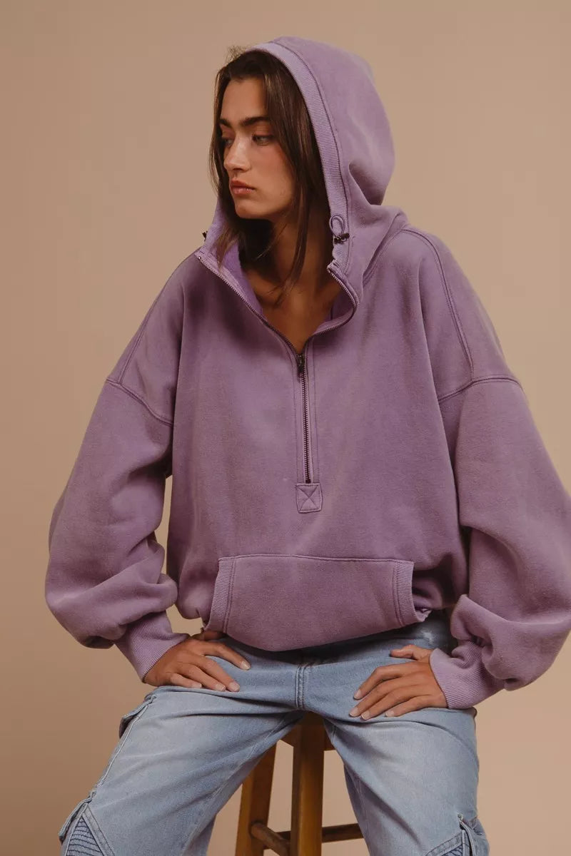 BiBi Women's Fleece Hoodie Purple Stitch Detailed Elastic Hem Half Zip Top 4612d7f6-f9a4-4177-81ac-66ad7e0dd1fe-Max-Origin Trendsi