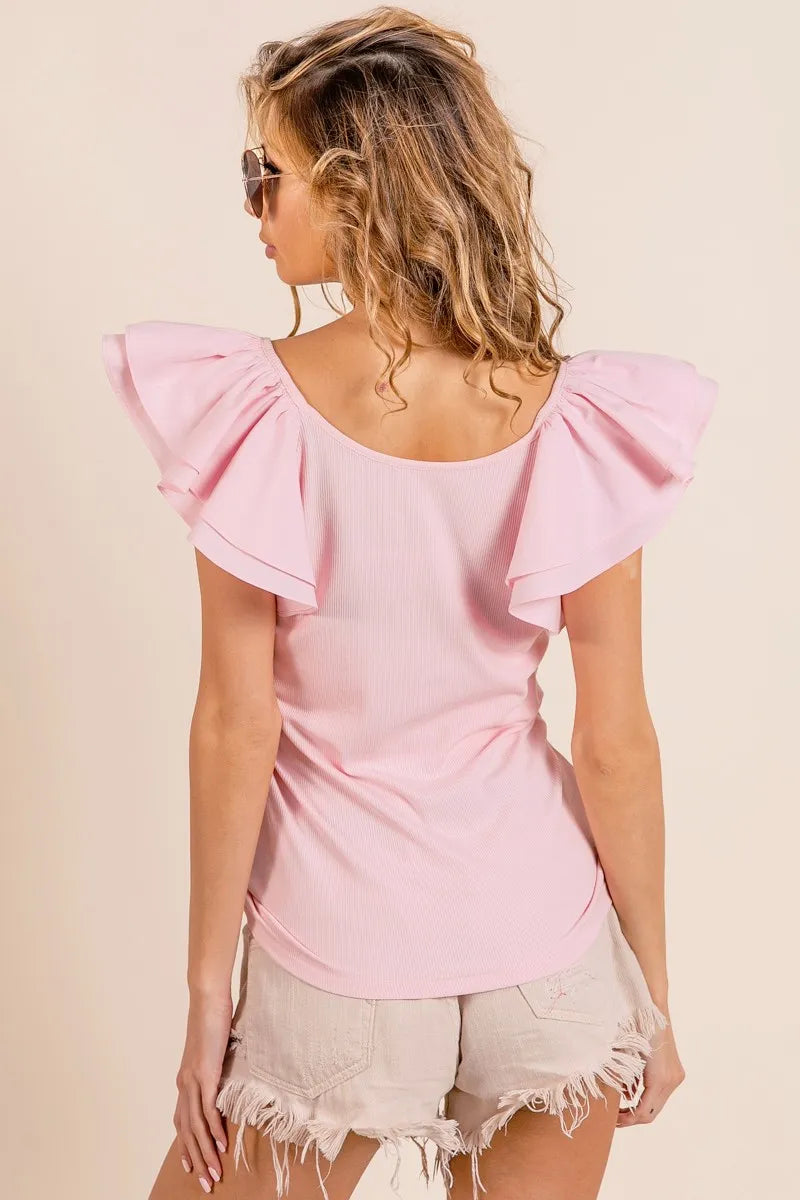 BiBi Ribbed Top Light Pink Wide Layered Ruffle Sleeve Scoop Neck Blouse 46160ac4c79e4054867aef30a801fb8e-Max-Origin Trendsi