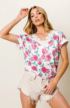 BiBi T-shirt Floral Rose Printed Poly Span Fuchsia Pink with Crochet Lace Top 461eade00c0c4405b157fd8337bfc4d2-Max-Origin Trendsi