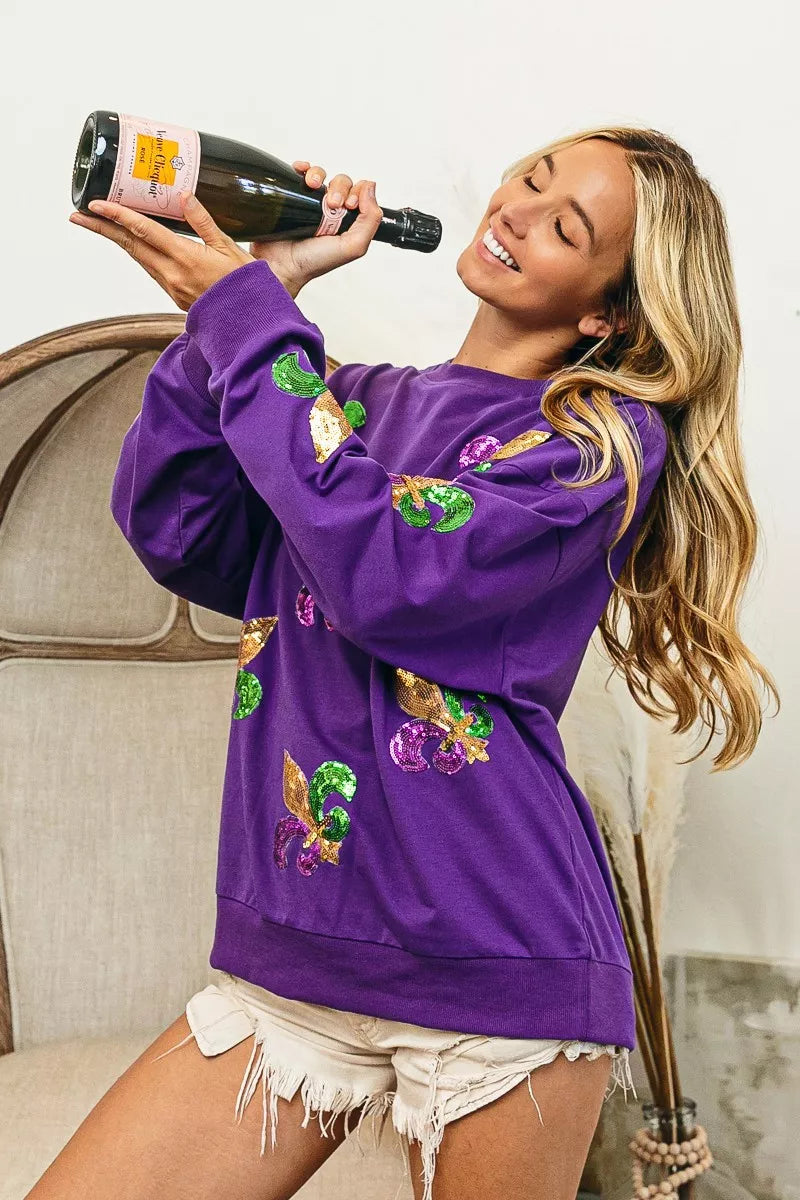BiBi Sweatshirt Purple Mardi Gras Fleur De Lis Sequin Patches Long Sleeve Top 4624022a3f7c4413b9cc1a6a72307c6f-Max-Origin Trendsi