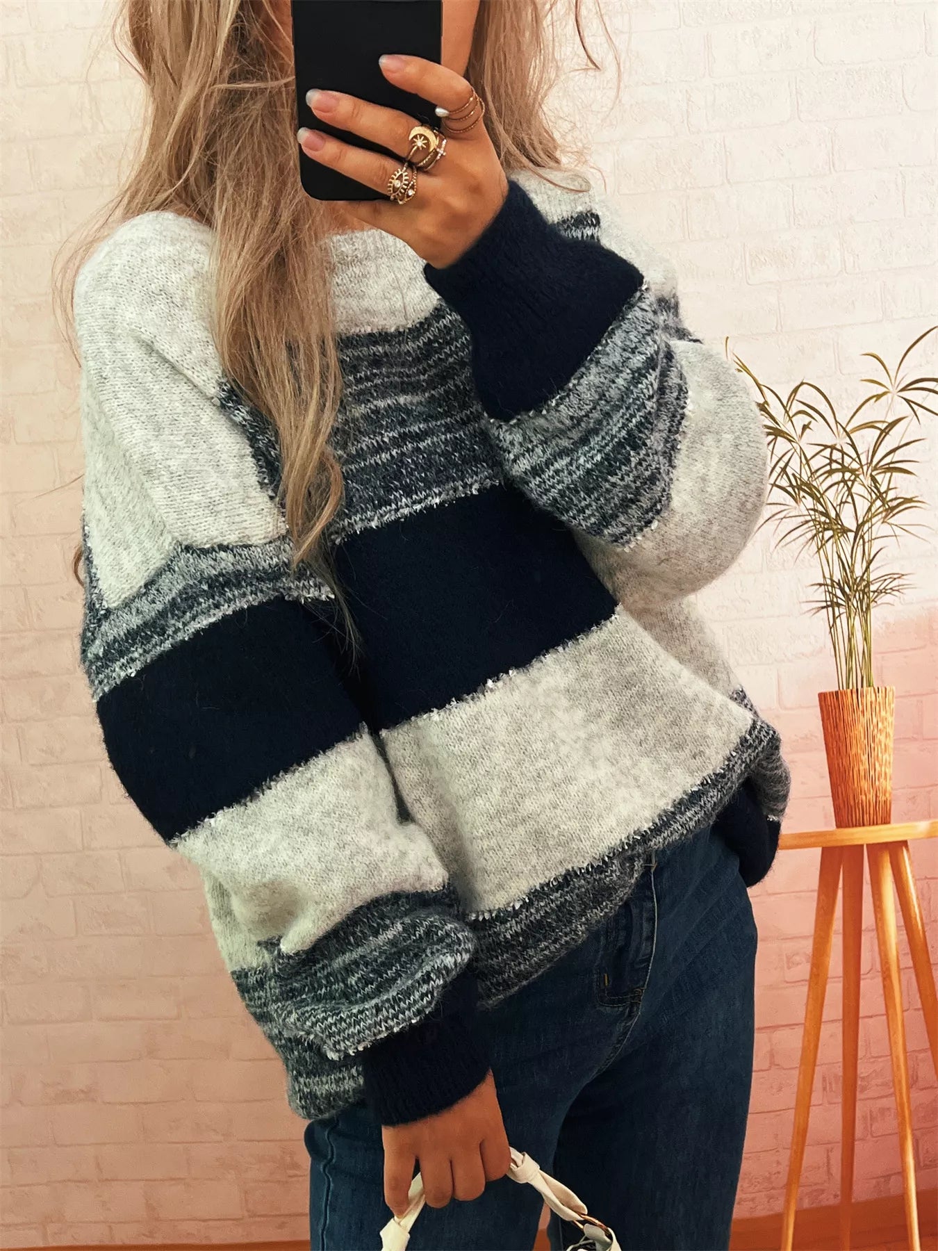 Women's Sweater Color Block Stripe Dropped Shoulder Knit Pullover 4625a9fdb9884002ae3fc38bcb921aca-Max-Origin Trendsi