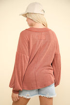 VERY J Women Blouse Two Tone Ribbed V-Neck Exposed Seam Top 462797e5-a794-4b05-8f19-c9035e807fc2-Max Trendsi