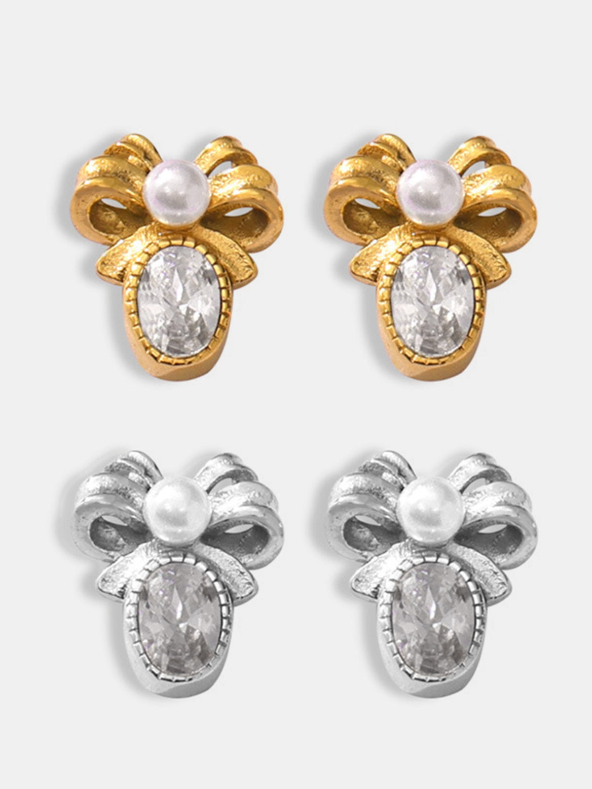 Bow Stud Earrings Zircon Titanium Steel 18K gold-plated Shell bead Jewelry 462b9fb4-4d07-4b39-9c5c-697e41f04ff5-Max Trendsi