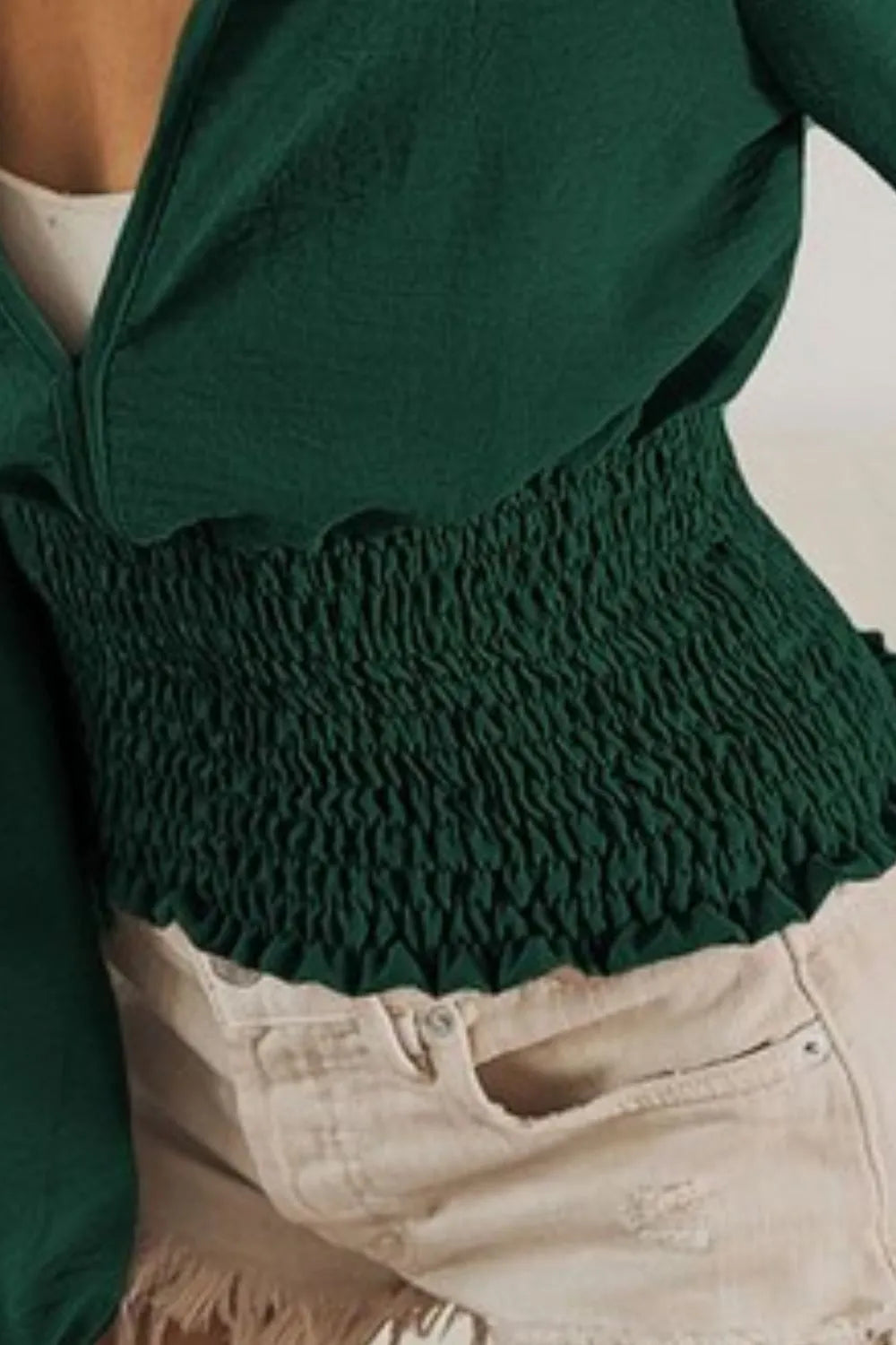 BiBi Top Smoking Waist Band and Puff Long Sleeves Deep V Neck Blouse 462f811d-bdc2-463b-98e1-e85b5d1d551e-Max-Origin Trendsi