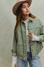SO ME Womens Denim Shacket Olive Vintage Washed Button Twill Outwear 46363fa0f2fd4d2d8a4516b5c150b889-Max-Origin Trendsi