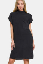 Zenana Sweater Mini Dress Knit Short Sleeve Black High Neck Patch Pocket Black 463687ed-ec40-433b-a968-76177fe6025b-Max Trendsi
