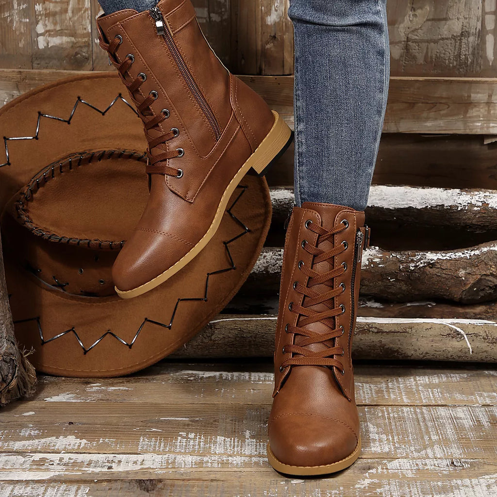 Women's Boots Pu Leather Lace Up Zip Round Toe Block Mid Heels Shoes Brown 463b7b4e0e6547649b9b1bf30c3438f2-Max-Origin Trendsi