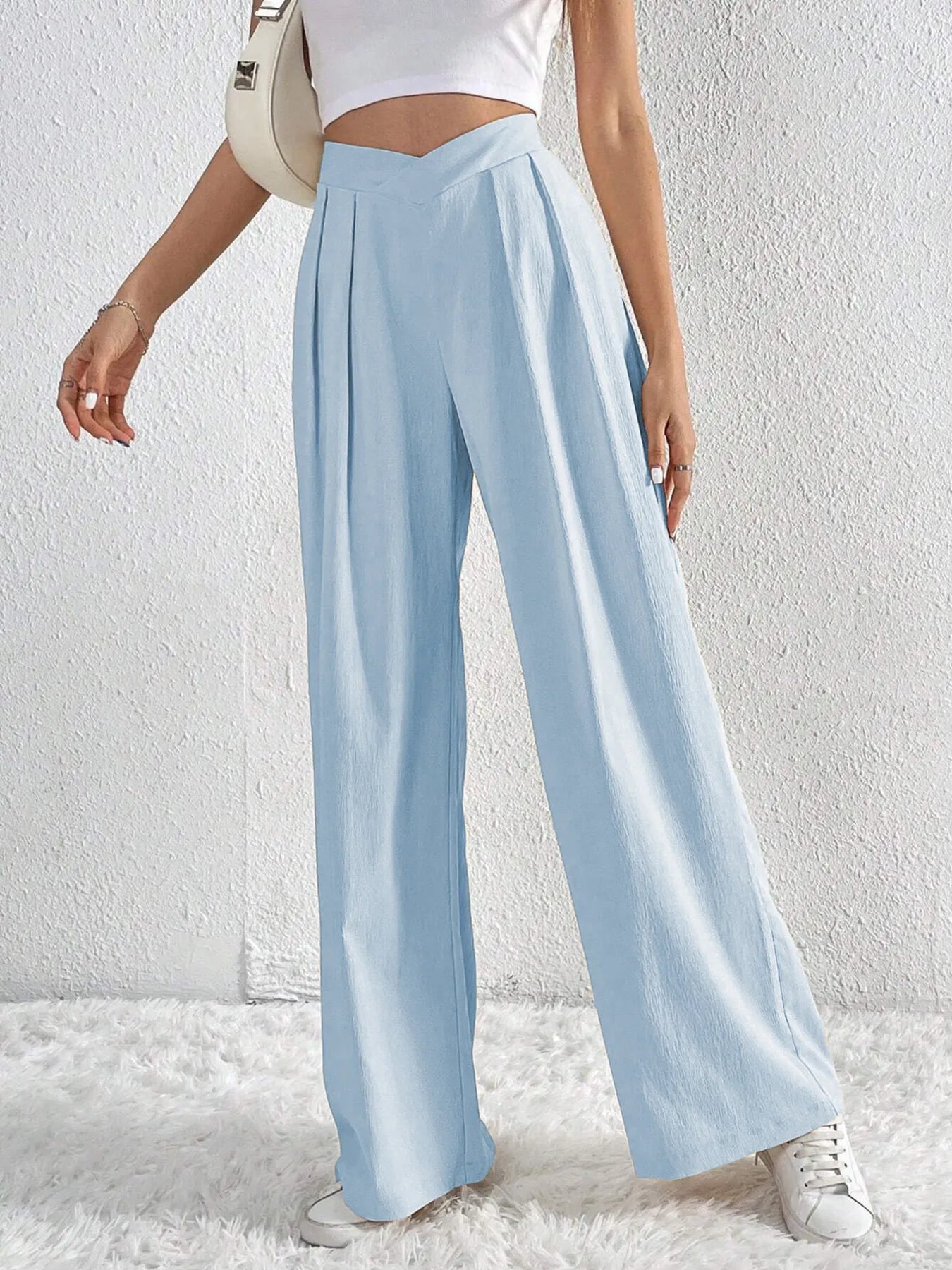 Women's Pants V-Waisted Ruched Front Wide Leg Trousers Pocketed 464934a5501f4c729a71e8172ea790fd-Max-Origin Trendsi