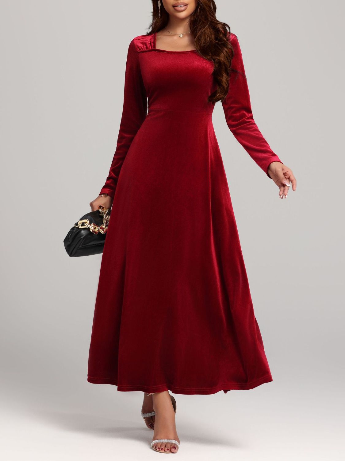 Velvet Midi Dress Square Neck Long Sleeve Women Solid Party Dress 4649548c-f554-43b9-a4c8-9213ab1e7007-Max Trendsi