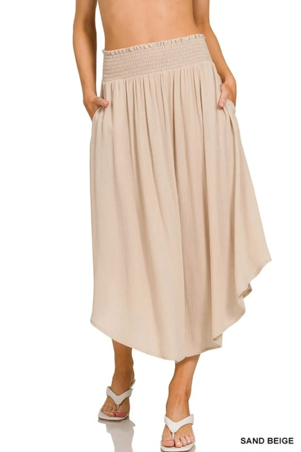 Zenana Midi Skirt High-Low Woven Crinkle Smocked Waist Sand Beige With Pockets 4649f8dc-104f-4192-af3e-ffc3b7c381c8-Max-Origin Trendsi