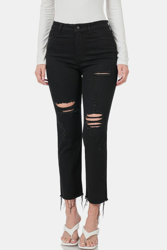 Zenana Black Women Cropped Jeans Distressed Raw Hem Slim Denim Pants