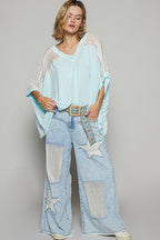 POL Oversize V-Neck Top Crochet Lace Contrast Studded Mint Blue Blouse 46555234-5877-465c-a254-ae0fdacb440f-Max Trendsi