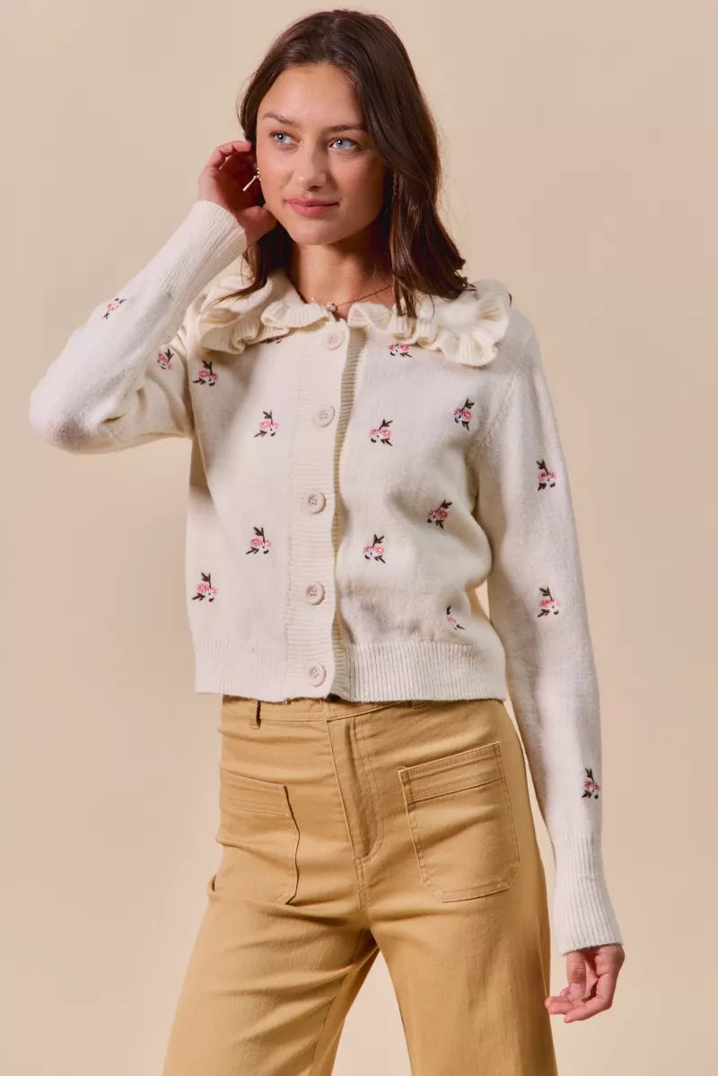 SO ME Women's Cardigan Cream Floral Embroidered Collared Long Sleeve Sweater 465c429ea5404d42b4bfbfe4355aeb7e-Max-Origin Trendsi