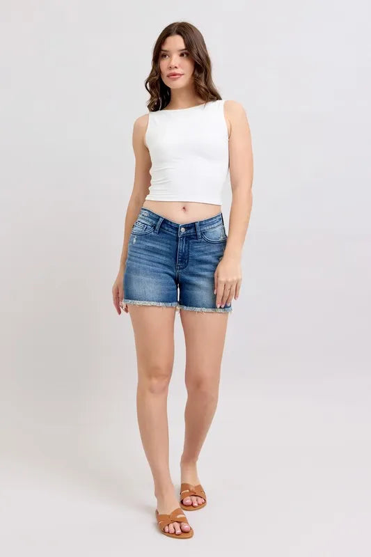 Judy Blue V-Front Denim Shorts with Shield Pockets Medium Washed 46651d70708743f9a0392c27b5742c24-Max-Origin Trendsi