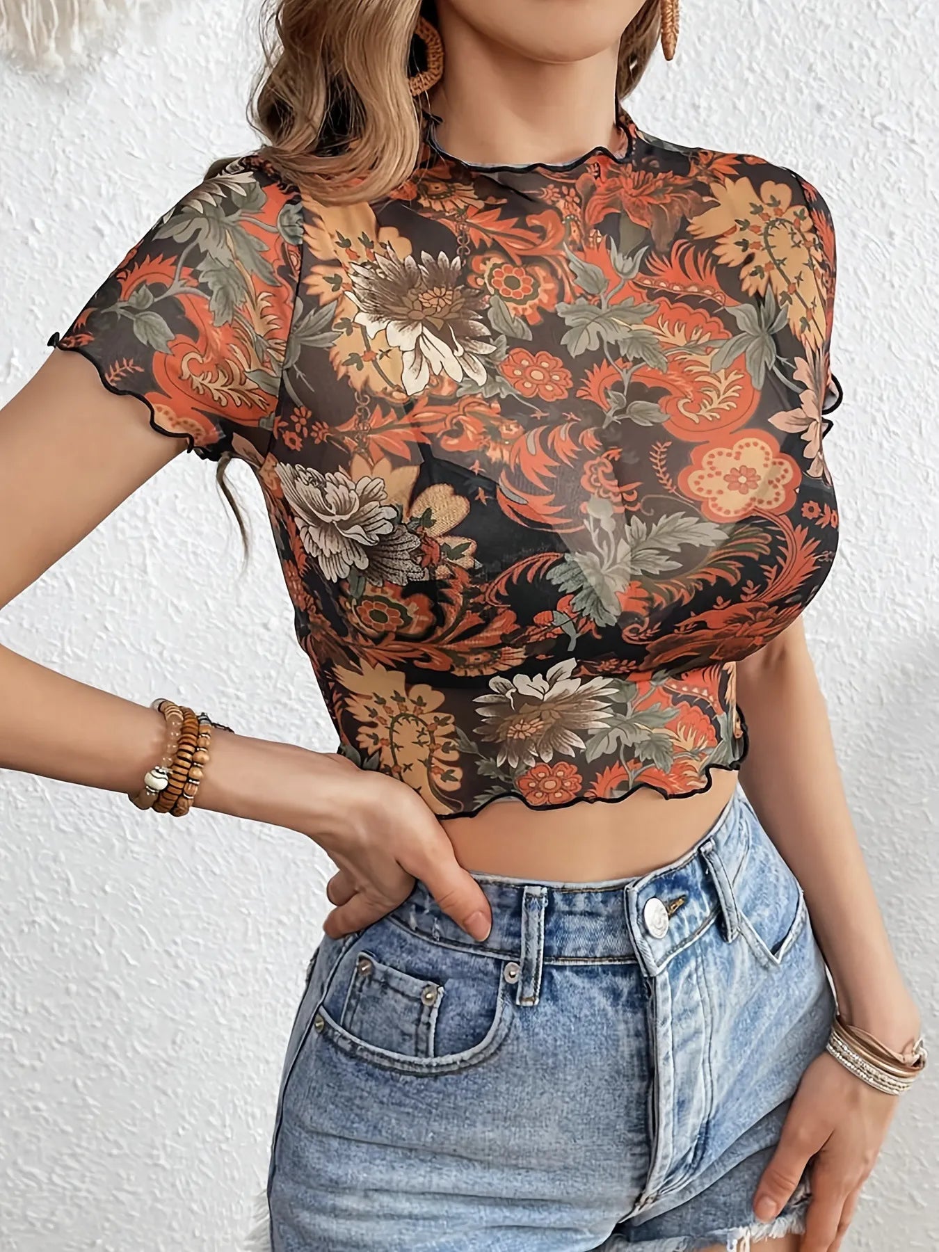 Black Floral Mesh Crop Top with Lettuce Trim Women's Sheer Blouse 46660af9250c4ee7b99e80464b7de379-Max-Origin Trendsi