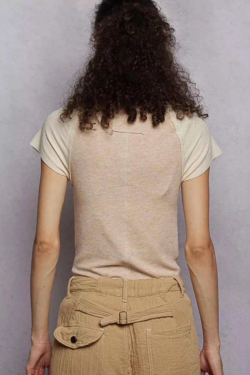 POL Outseam Detail Ribbed T-Shirt with Contrast Color Sleeves