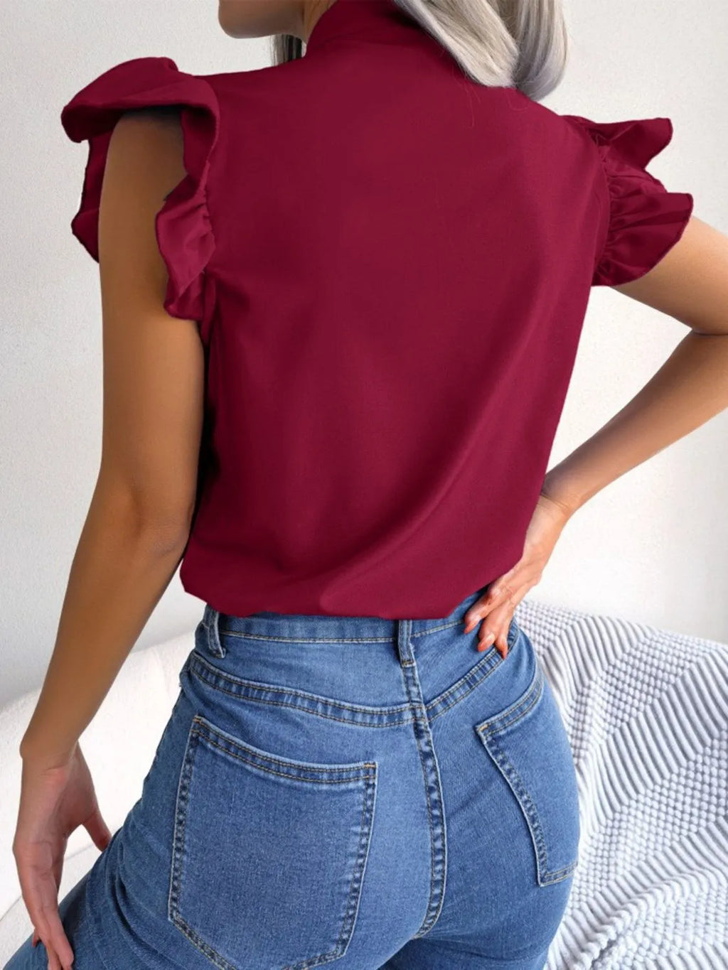 Women's Blouse Bow Tie Neck Ruffle Cap Short Sleeve Top 46689e2b-91b3-491b-ab6a-9a7ee7ae16a0-Max-Origin Trendsi