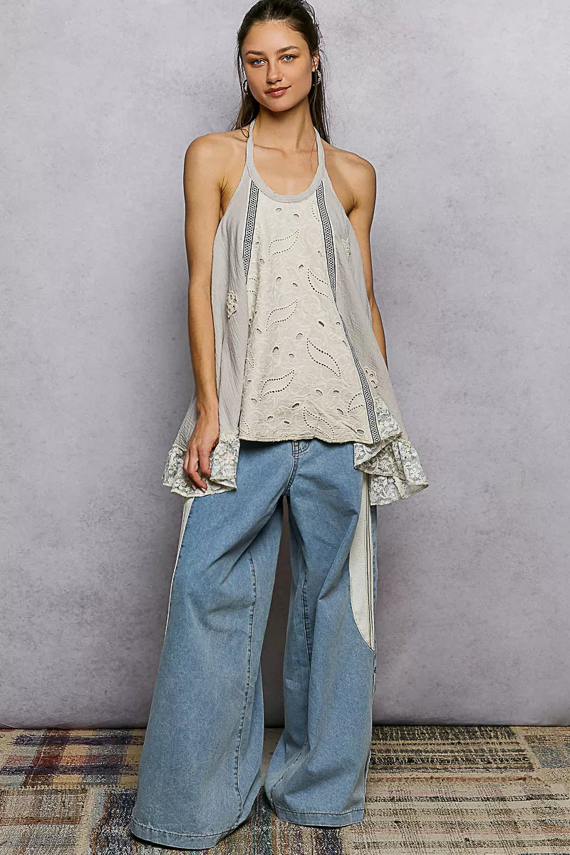 POL Lace Ruffle Halter Neck Double Gauze Top with Crochet Patch 466eb4e9-e2e4-4fbc-b40d-f3bf8b31740e-Max-Origin Trendsi