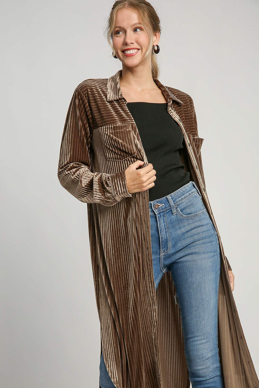 Umgee Shirt Dress Brown Texture Curved Hem Button Long Sleeve Side Slit