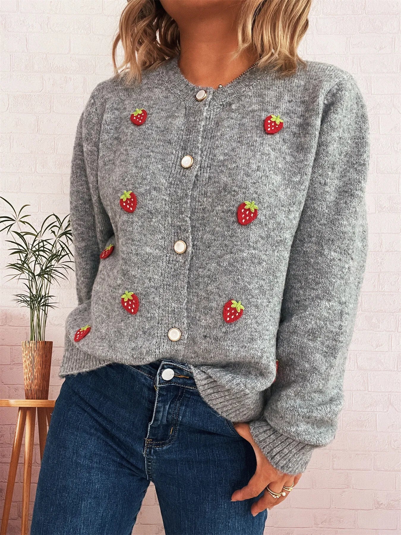 Women's Cardigan Strawberry Button Up Long Sleeve Soft Knit 46726a6461f349318c3eb825798729ba-Max-Origin Trendsi