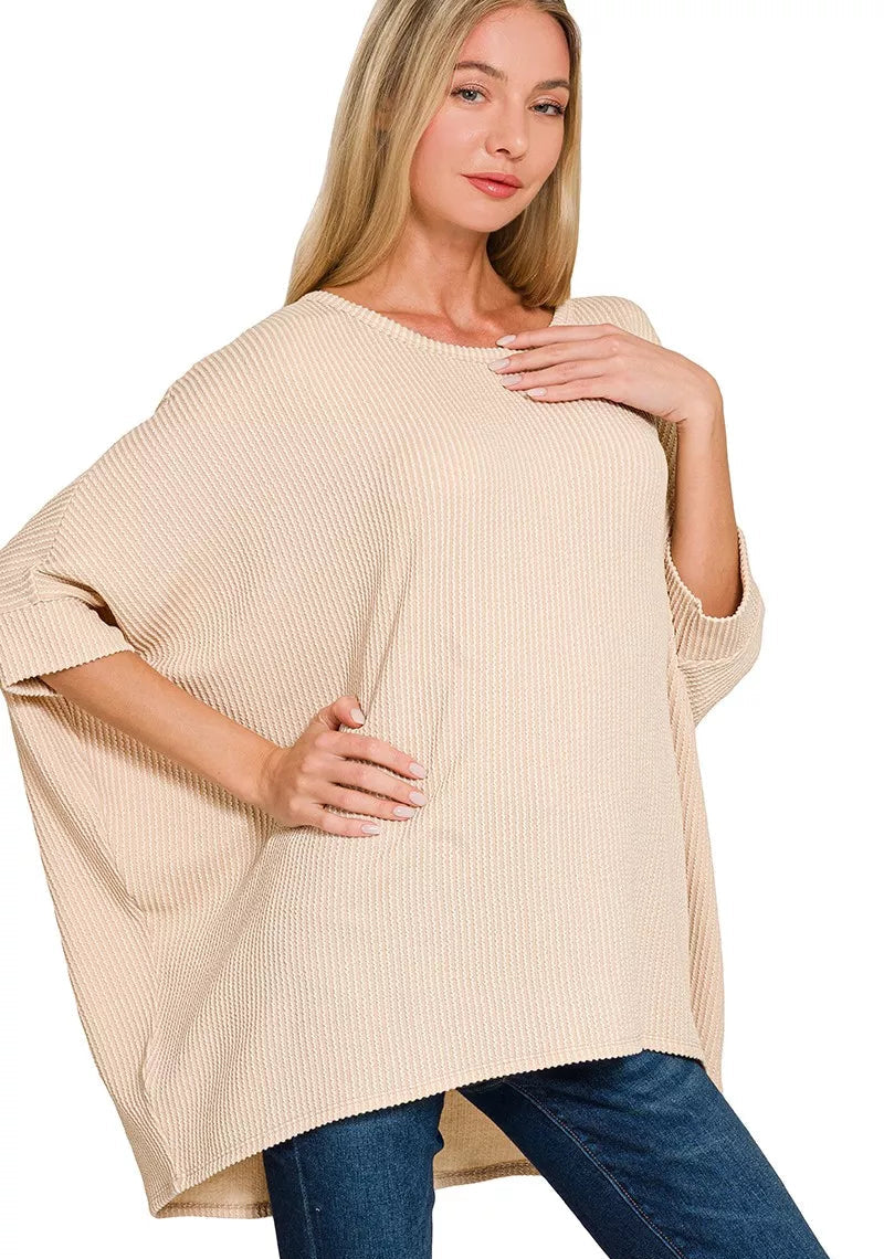 Zenana Raised Rib Bat Sleeve Top SAND BEIGE 4674a141716643f589a7afbe075a1a5f-Max-Origin Trendsi