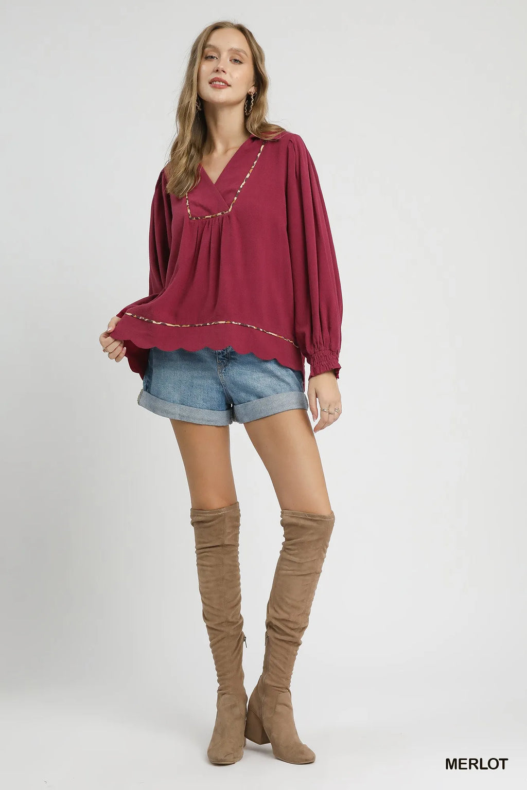 Umgee Linen Blouse Scallop Hem with Contrast Trim Plus Sizes Top 46760e3a-af50-4df4-b3a1-6e2f12fb99f2-Max-Origin Trendsi