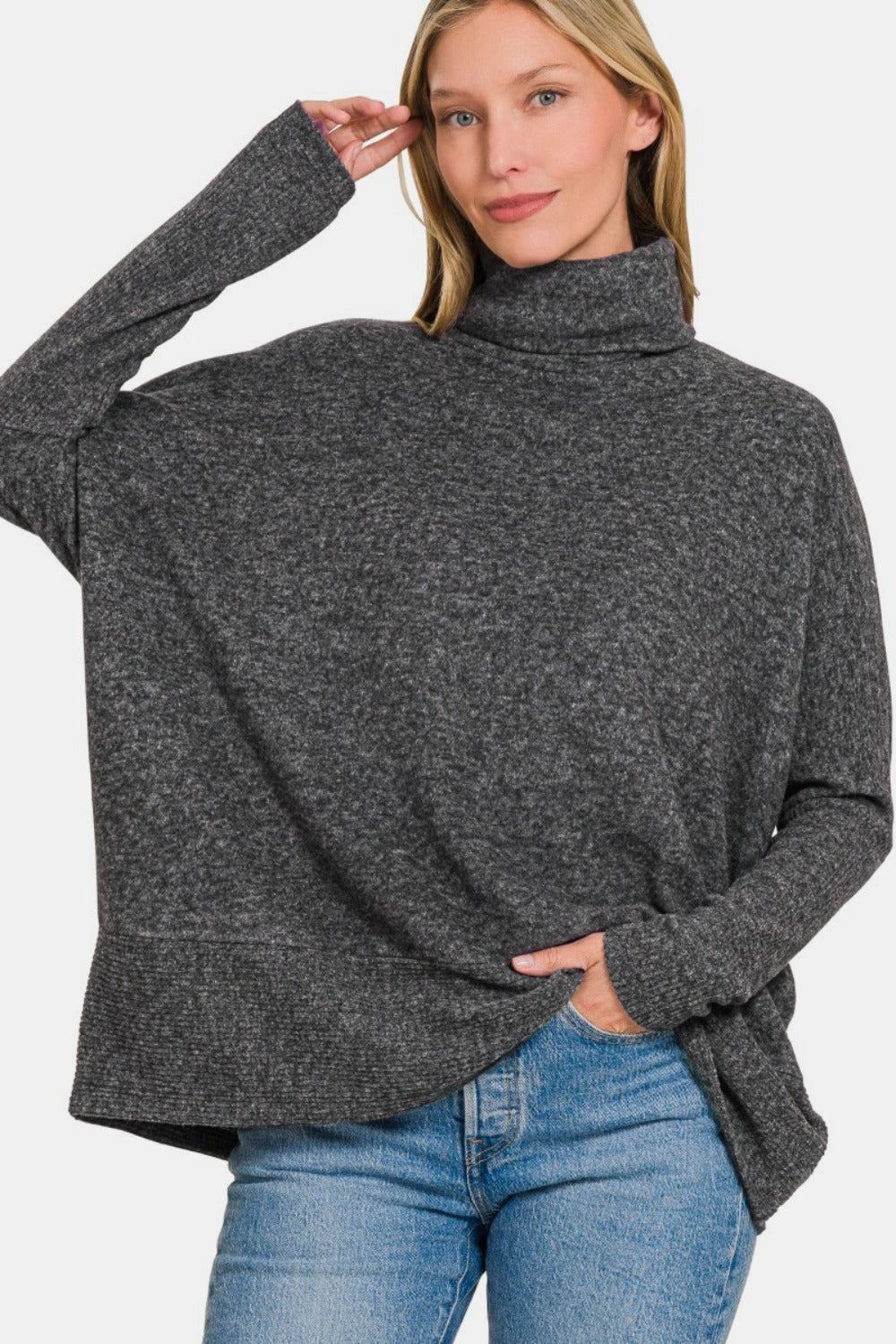 Zenana Knit Women Sweater Turtleneck Brushed Black Melange Oversized Pullover