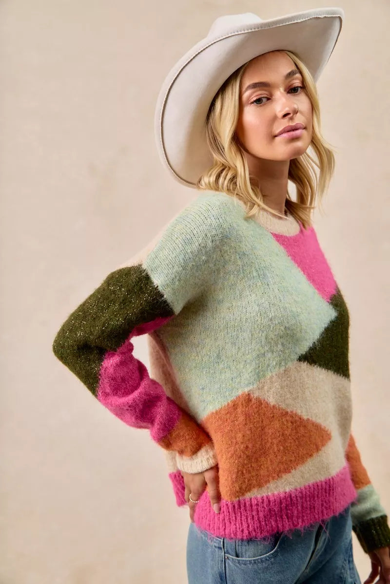 BiBi Multi Color Block Sweater Womens Cozy Knit Fashion Pullover