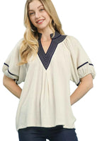 Umgee Linen Blouse Beige Puff Short Sleeve Contrast Trim Top OATMEAL 4682157d-344c-4e54-940d-c6a5f8592e4a-Max-Origin Trendsi