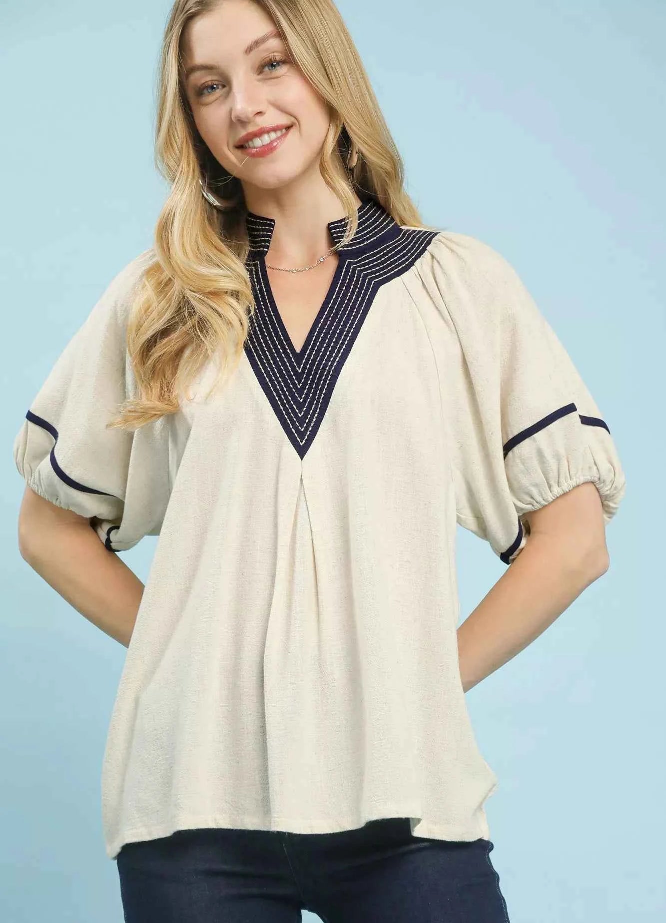 Umgee Linen Blouse Beige Puff Short Sleeve Contrast Trim Top OATMEAL 4682157d-344c-4e54-940d-c6a5f8592e4a-Max-Origin Trendsi