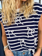 Women's Sweater Vest Navy Stripe Knitted Bow Decor Sleeveless Knit Top 468220c75d434ce8b30b7cdf1fa156c4-Max-Origin Trendsi