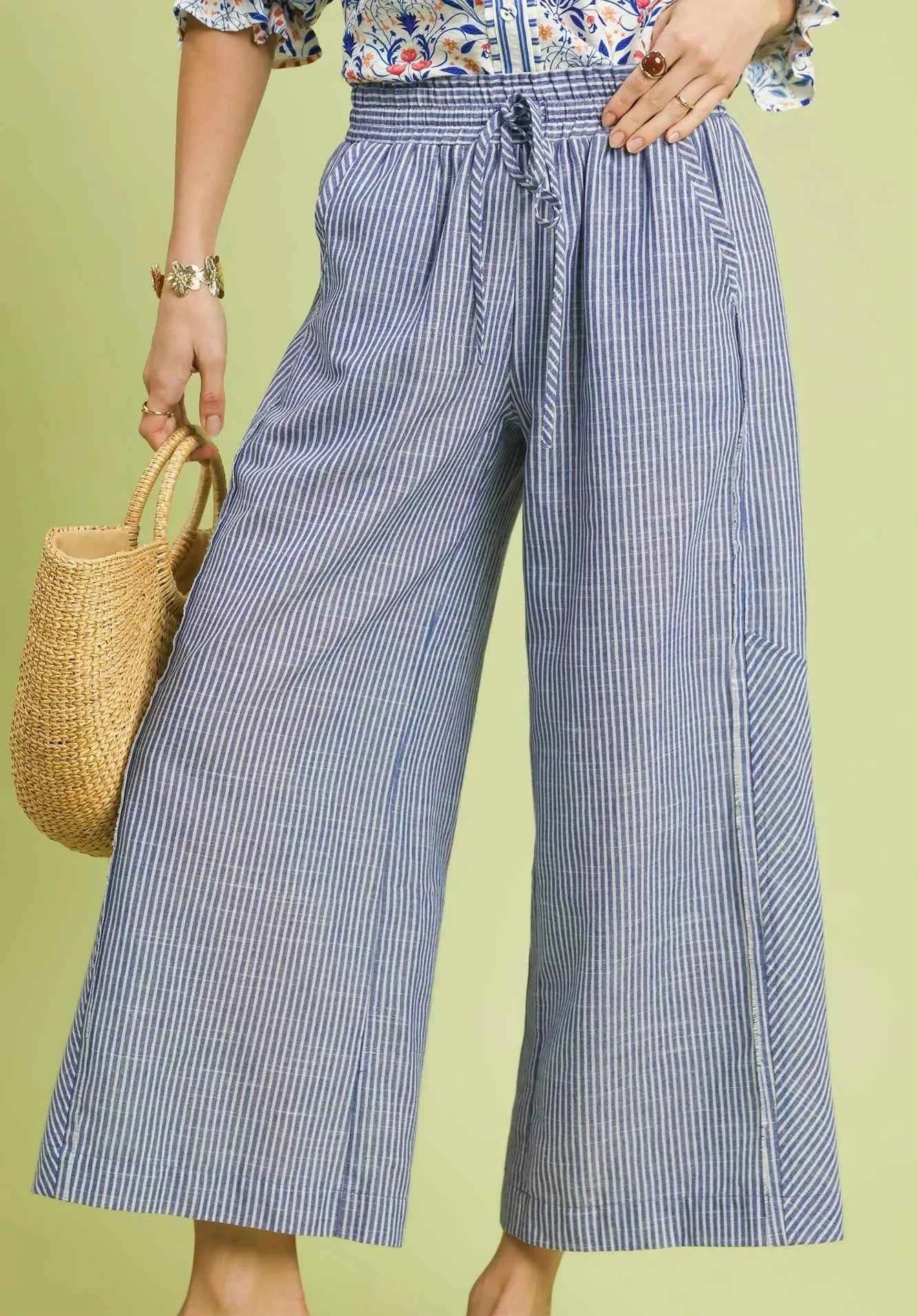 Umgee Linen Blend Wide Leg Pants Blue Striped Drawstring Waist Trousers BLUE 4688da74-d72a-4b5b-a935-17896dd1d0e7-Max-Origin Trendsi
