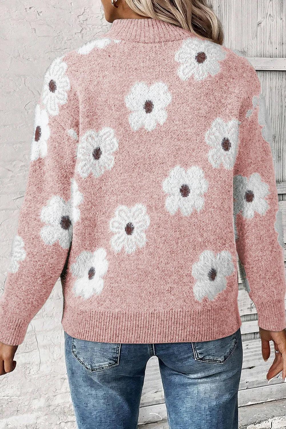 Sweater Flower Turtleneck Half Zip Long Sleeve Knitwear 46896c07-c548-4b98-9580-0e2340708c80-Max Trendsi