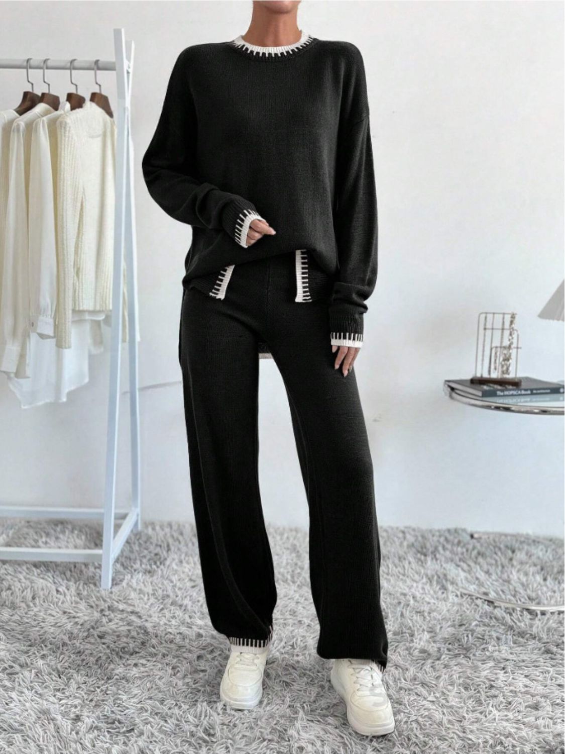 Outfit Set Knit Sweater Side Slit Contrast Trim Round Neck Top and Pants Set