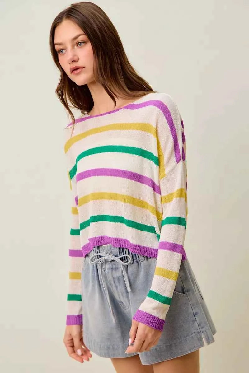 SO ME Mardi Gras Color Stripe Lightweight Sweater Top