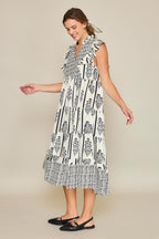 Umgee Midi Dress Cream Black Boarder Print Ruffle Short Sleeve Tiered 46960ef4-46c4-479f-ab37-88050a0d4602-Max Trendsi