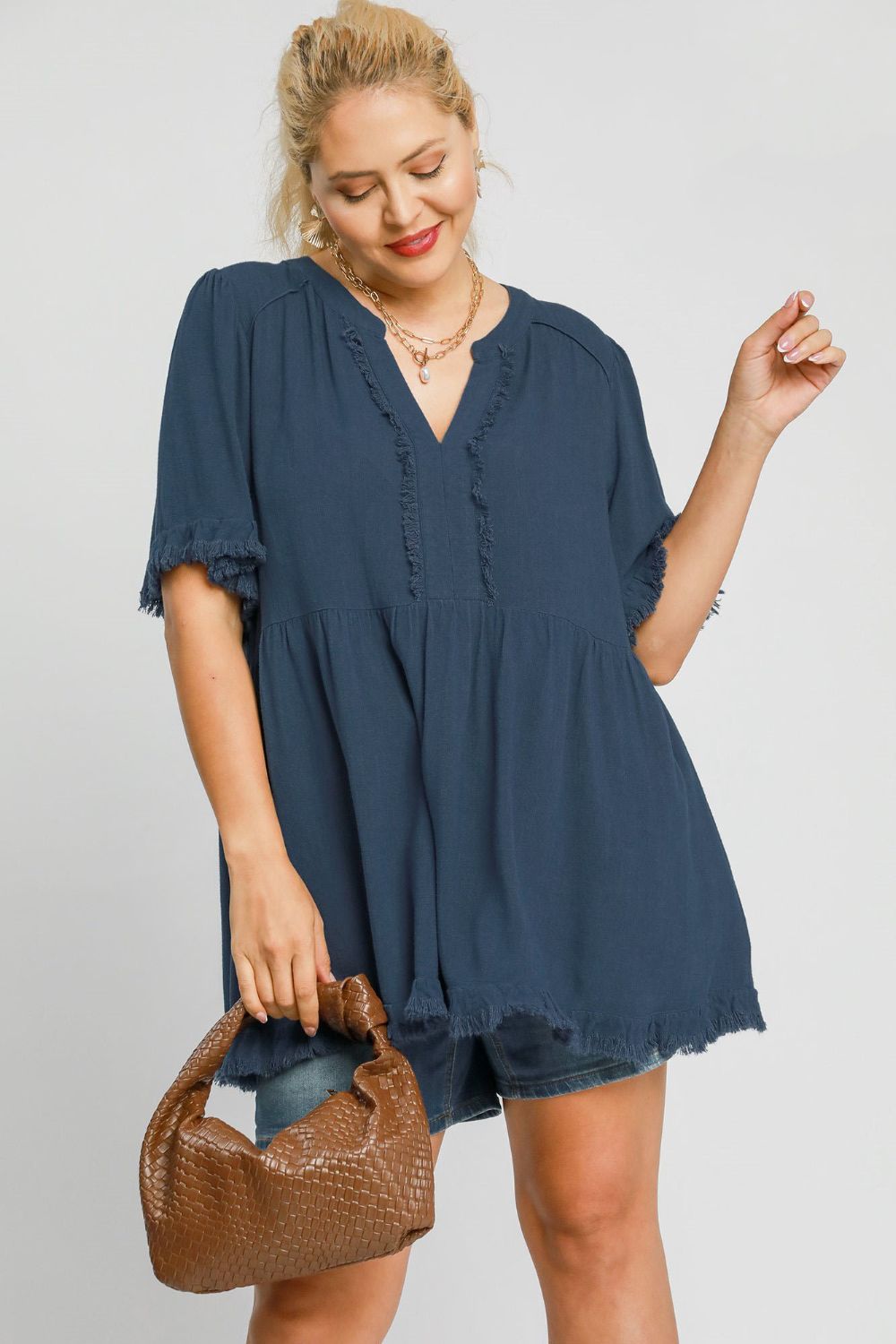 Umgee Linen Blouse Babydoll French Blue Raw Hem Notched Top 469a0fa4-f170-41b9-96e5-db4685978325-Max Trendsi