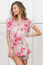 BiBi Blouse Ruffled Floral Print Flutter Sheer Top Short Sleeve 469e67fa97e9419bb40fc960eb5e945a-Max-Origin Trendsi