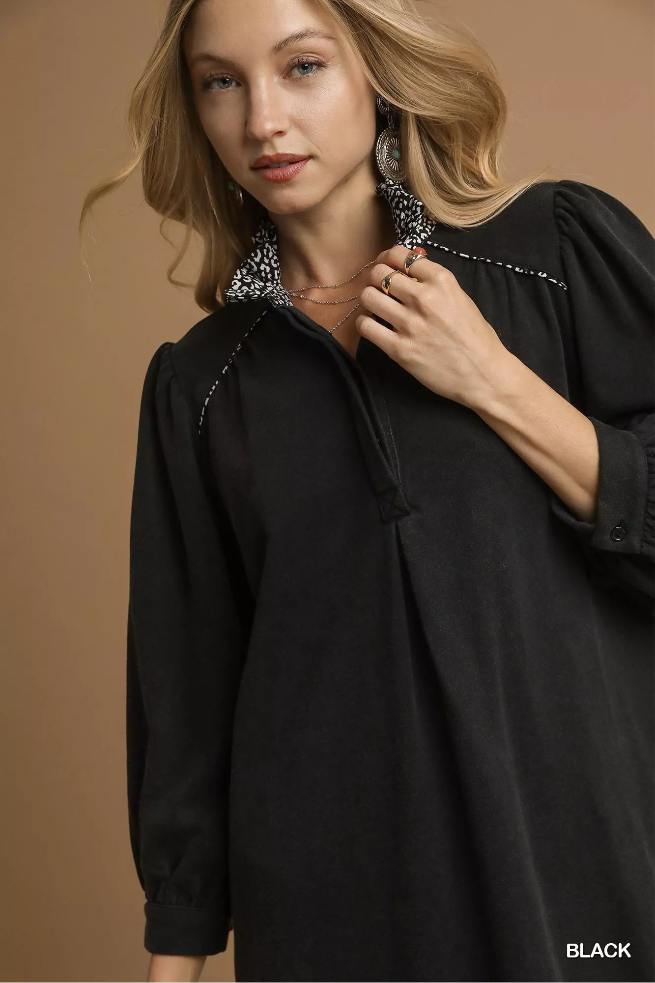 Umgee Shift Mini Dress Black French Terry Balloon Sleeve with Leopard Print 46a1d61b-8340-46ec-b46b-271180c4ead9-Max-Origin Trendsi