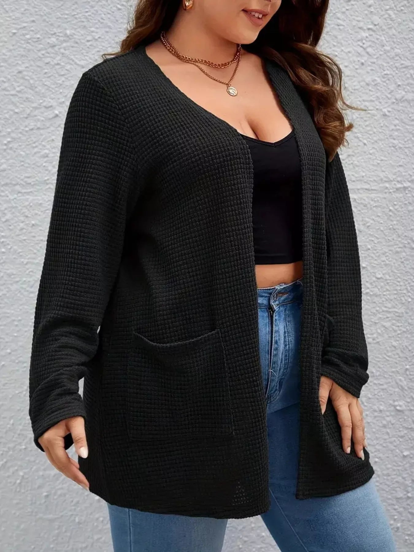 Plus Size Open Front Long Sleeve Waffle-Knit Cardigan with Pockets