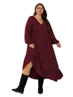 Plus Size V-Neck Balloon Sleeve Dress with Ruffled Hem
