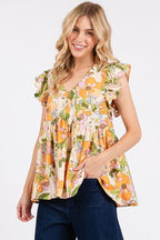Mittoshop Floral Blouse V-Neck Ruffled Cap Short Sleeve 46ad955d-4de9-40a2-85dd-3b105968b6c6-Min Trendsi