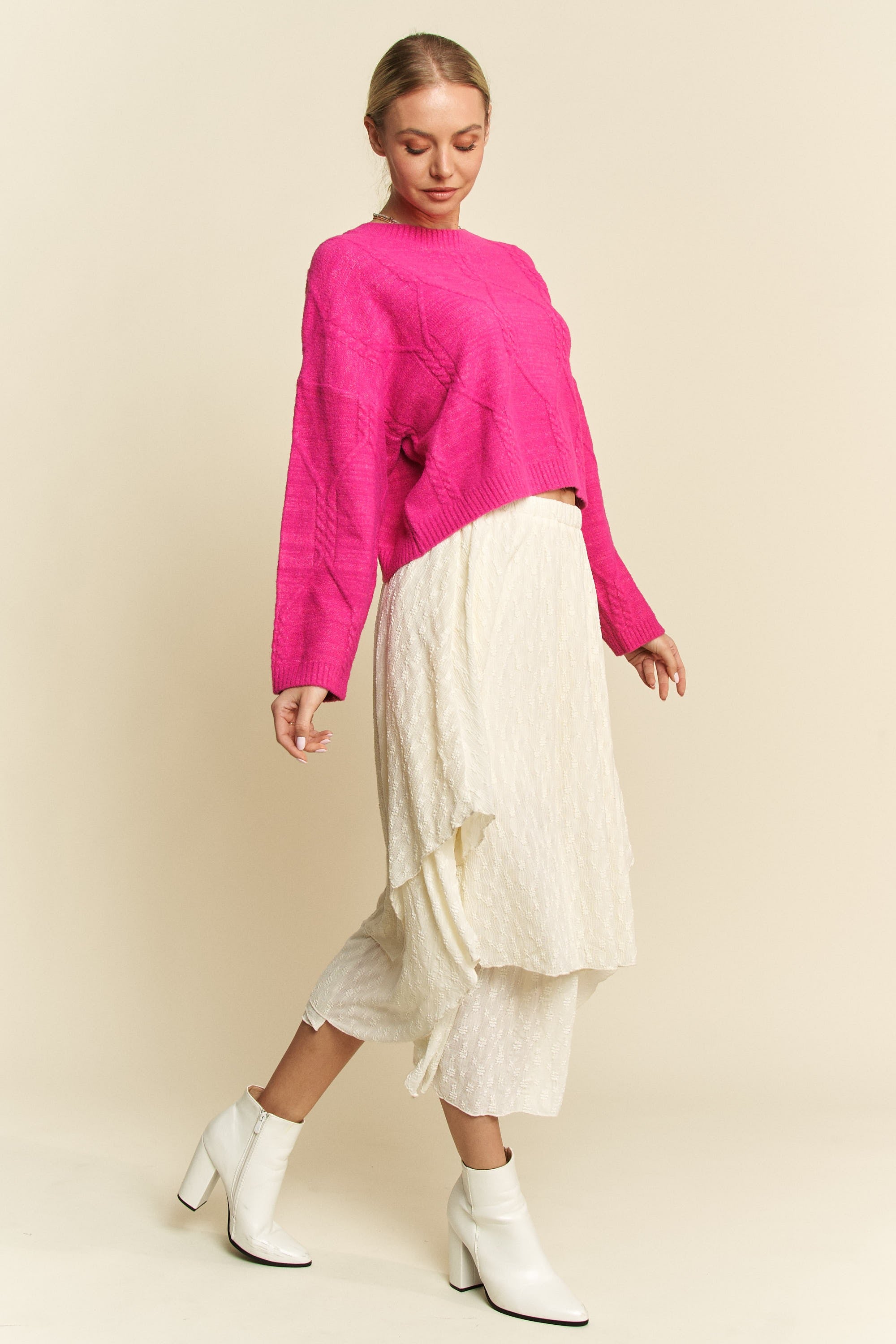 Davi & Dani USA Pink Sweater Diamond Cable Knit Pattern Long Sleeve Pullover 46c6ee2a-4489-4514-8219-ca3426f6eab8-Max Trendsi